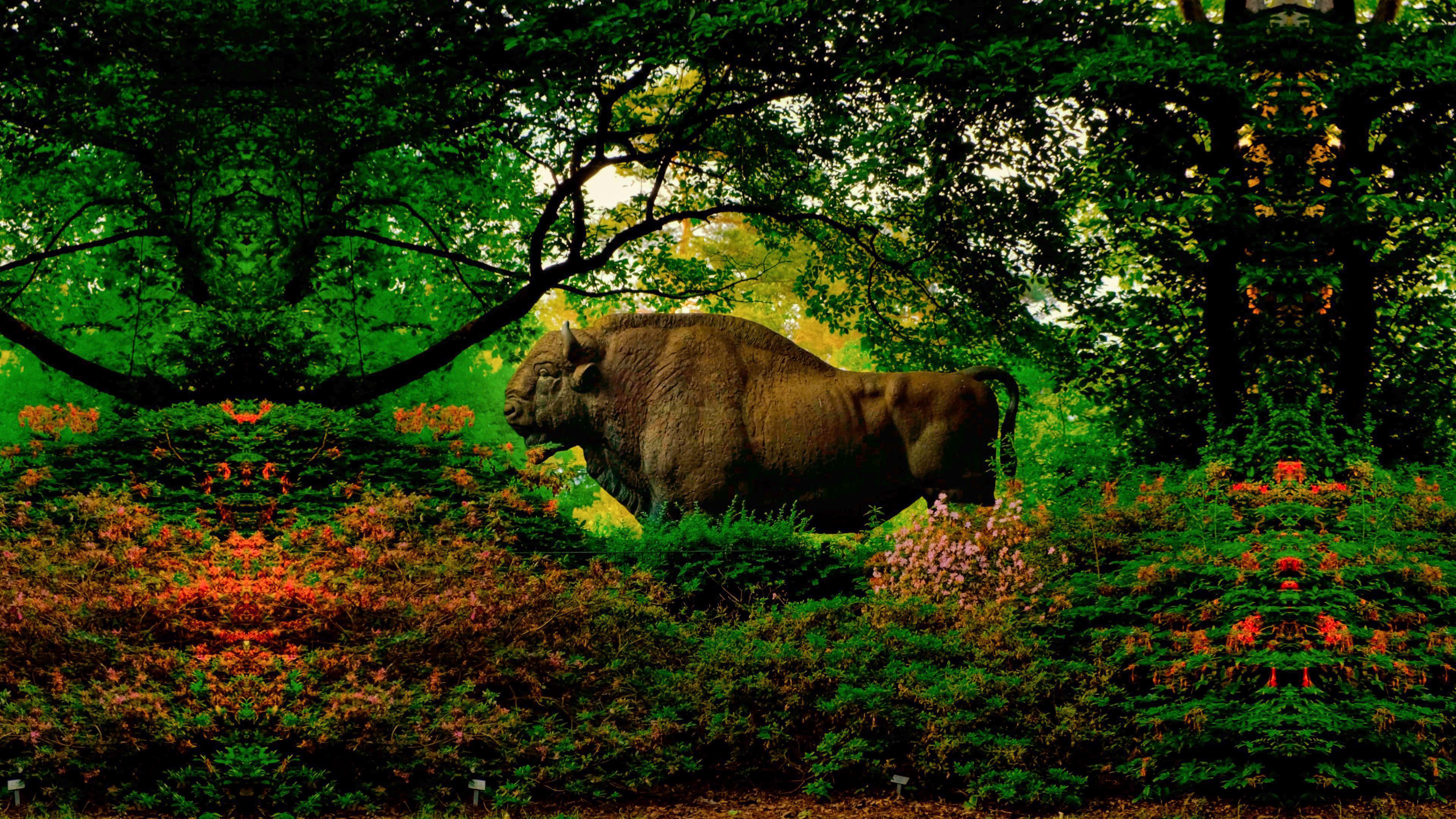 Statue of an aurochs surrounded by trees and blooming plants