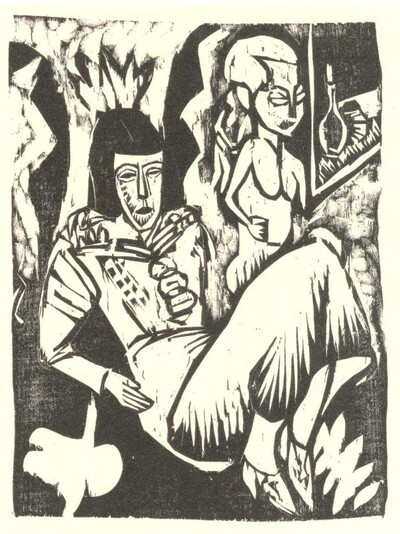 Ernst Ludwig Kirchner,<strong> </strong>Sitzende mit N*plastik, Holzschnitt, 1912, <br>Foto: Johanna Schmitz-Fabri, ZADIK, Köln