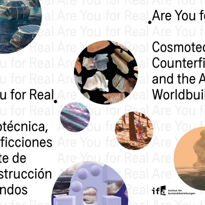 Ankündigung der Ausstellung in Englisch und Spanisch mit runden Werkabbildungen