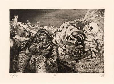 Otto Dix, Mahlzeit in der Sappe (Lorettohöhe), Blatt 3 aus der 2. Mappe <strong>„Der Krieg“</strong>, Radierung, 1924, Foto: Johanna Schmitz-Fabri, ZADIK, Köln, © VG Bild-Kunst, Bonn 2026
